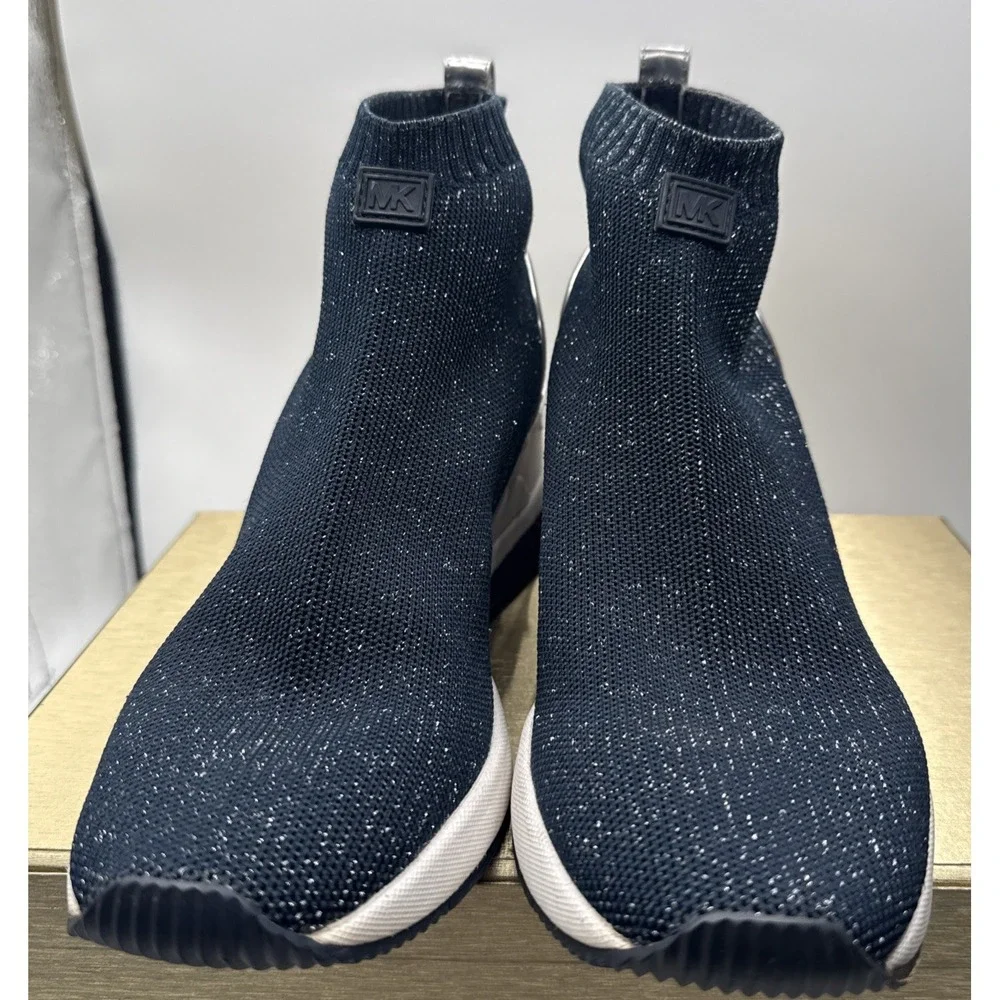 Michael Kors Women's Blue/Silver Knit Ankle Sock Bootie Slip On Wedge Size 8